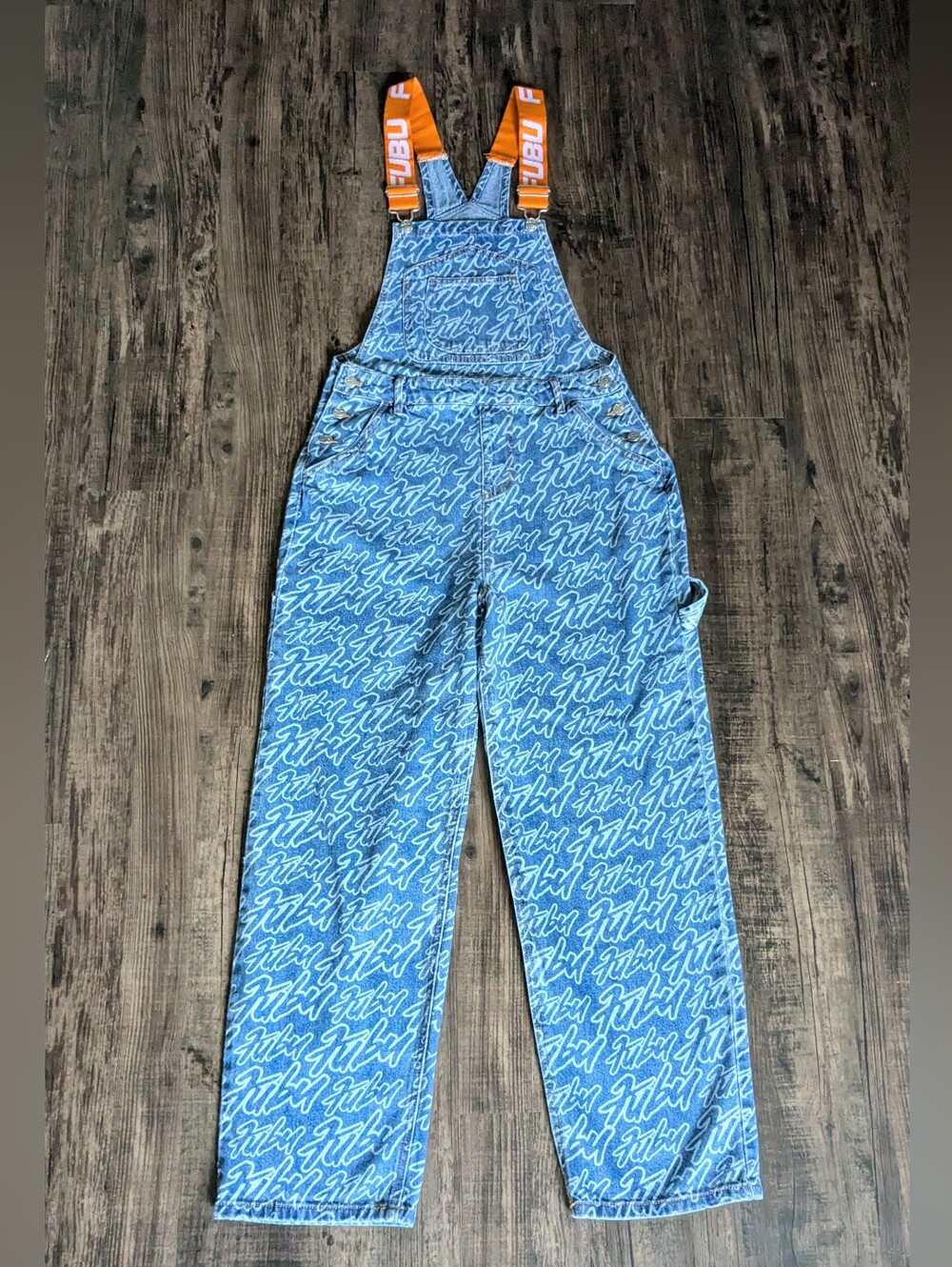 FUBU Logo Print Denim Overalls Blue Orange 2022 F21 Collab - Picture 2 of 14